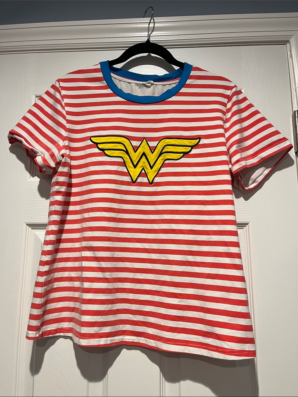 Women’s Taylor Joelle Red & White Striped Wonder Logo Tee with Blue Trim
